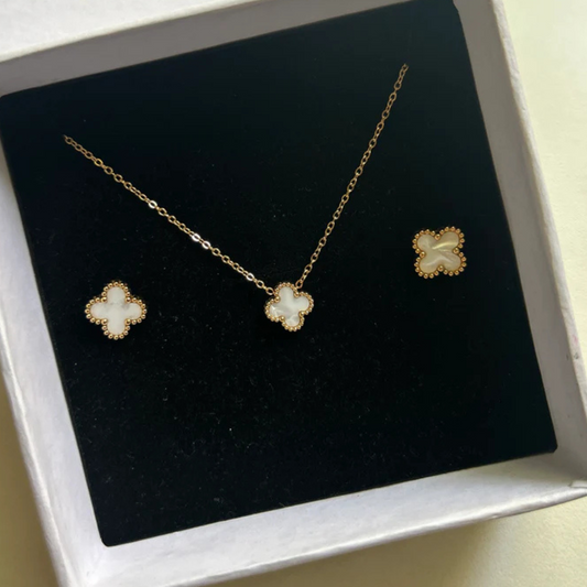 White Clover Set Earrings and Necklace - 18K Gold Plated