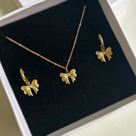 Bow Set Earrings and Necklace - 18K Gold Plated