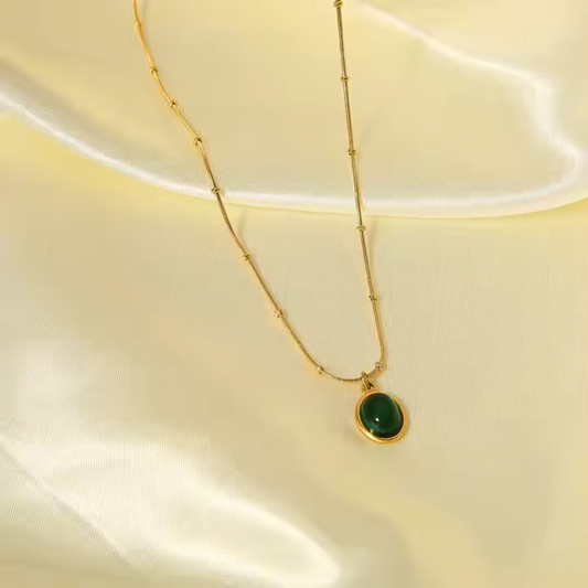 18K Gold Plated Classic Vintage Oval Green Stone Necklace